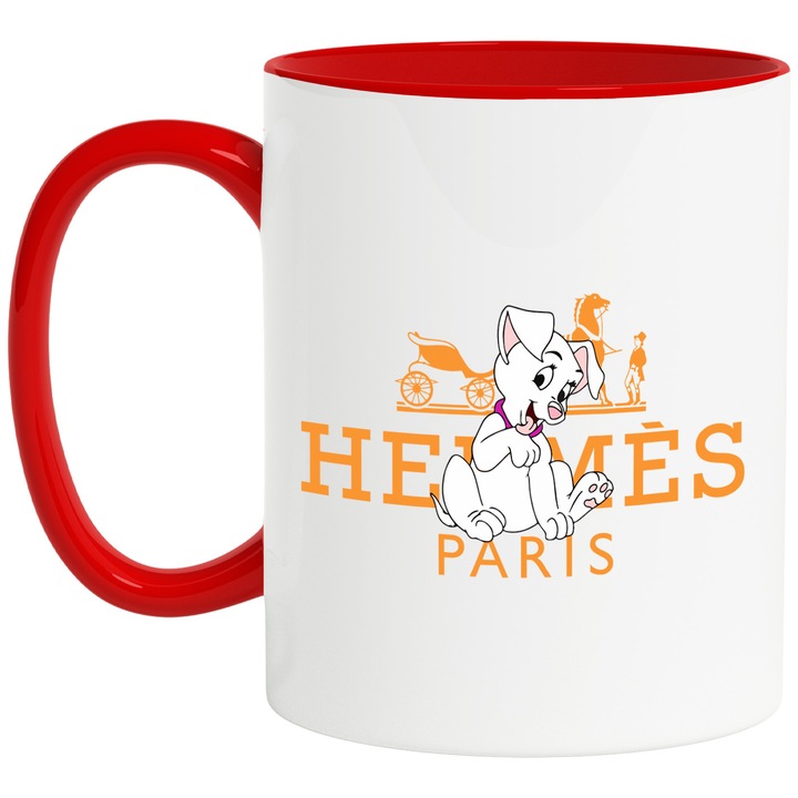 Cana Cu Dalmatieni, Cu Textul "Hermes Paris" - Design 3, Ceramica, 330ML, Cu Maner si Interior Rosu