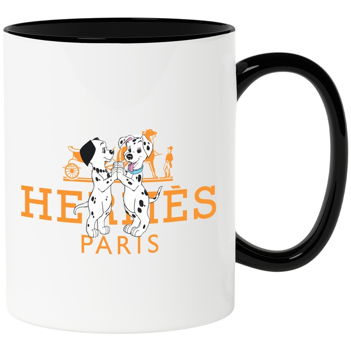 Cana Cu Dalmatieni, Cu Textul "Hermes Paris" - Design 4, Ceramica, 330ML, Cu Maner si Interior Negru