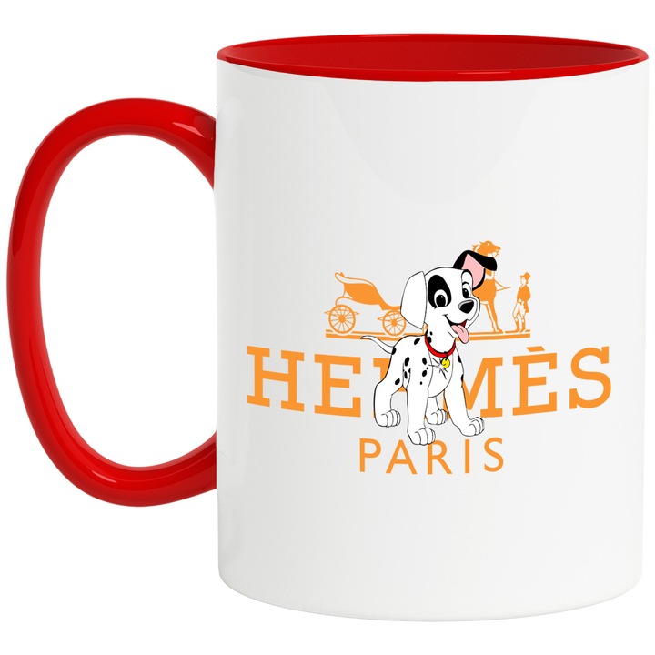 Cana Cu Dalmatieni, Cu Textul "Hermes Paris" - Design 5, Ceramica, 330ML, Cu Maner si Interior Rosu