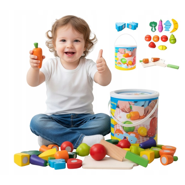 Set de legume din lemn pentru taiat, multicolor, 14 piese, 18x19cm