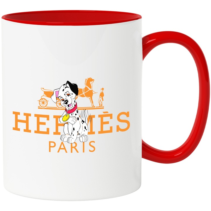 Cana Cu Dalmatieni, Cu Textul "Hermes Paris" - Design 8, Ceramica, 330ML, Cu Maner si Interior Rosu
