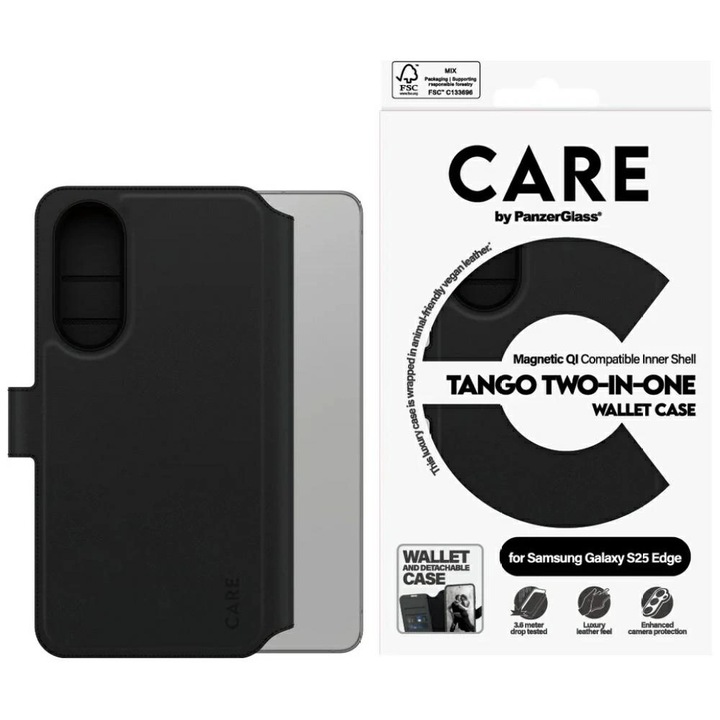 Etui portofel PanzerGlass Tango 2in1, negru, pentru telefon, din piele vegana, protectie RFID, pentru Apple iPhone 14/13
