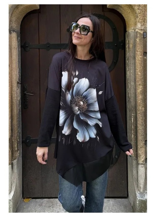 Bluza Tip Tunica Oversized Insertie Piele Eco Shadow Bloom Talie Unica