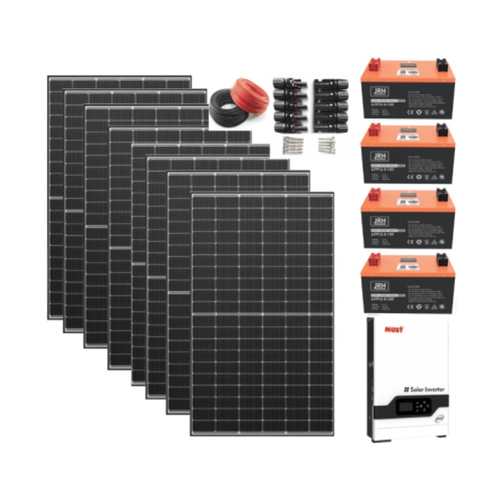 Set sistem solar 5kW Tea Sports, 9 panouri 540W monocristaline, invertor 5, 2kW hibrid, 4 acumulatori LiFePO4 100Ah, mufe MC4, cabluri 20m x 4mm
