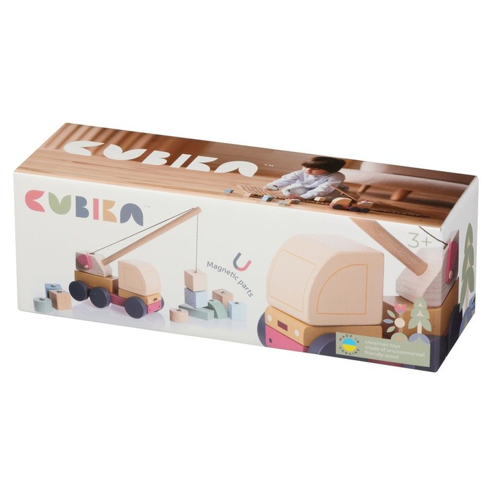 Jucarie din lemn, 3 Ani+, Cubika, Macara magnetica - Pastel