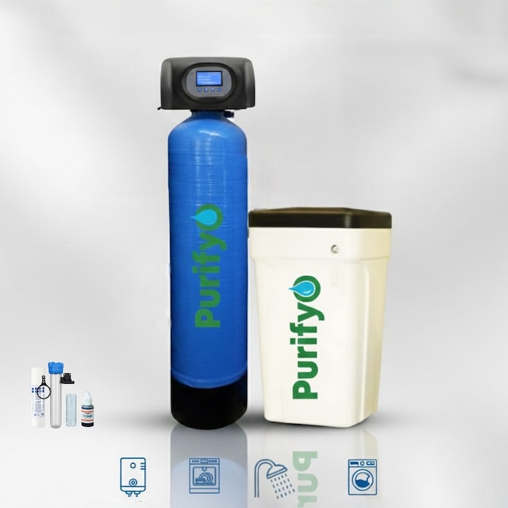Dedurizator Apa Purifyo® 75L Dublu Corp- Functionare Alternanta, Reglaj Manual Duritate Finala, Regenerare Volumetrica, Protectie Anticalcar, Centrala si Electrocasnice, Reduce Consumul de Energie, Dedurizare constanta 4.3 m3/h, 36 x 159 cm