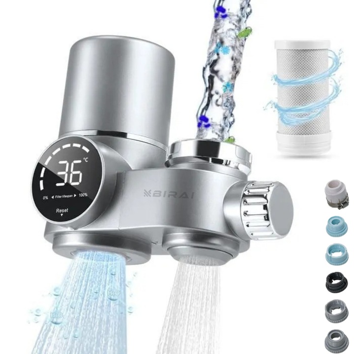 Filtru Apa Potabila, BIRAI® PRO2AQUA, Purificator Apa, Montare la Robinet, Elimina Impuritatile, Economie apa, Universal, Filtru. Carbune Activ,. Metalele Grele, Mirosurile, Sedimentele, Cartus Reutilizabil, Ideal pentru Bucatarie, Uz Casnic, Argintiu