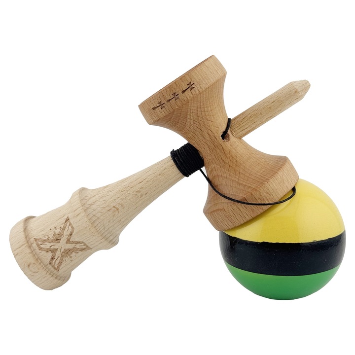 Kendama Dali Big Cups V2, 18 cm fa, nagyméretű kupák, fém csapágy, sárga/fekete/zöld