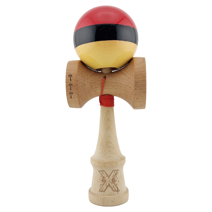 Kendama X Originala, Profesionala, Flippy, Big Cups V2, Super Sticky cu Cupe Mari, Rulment Metalic, din lemn 18 cm, Ata 55 cm, Rosu/Negru/Galben