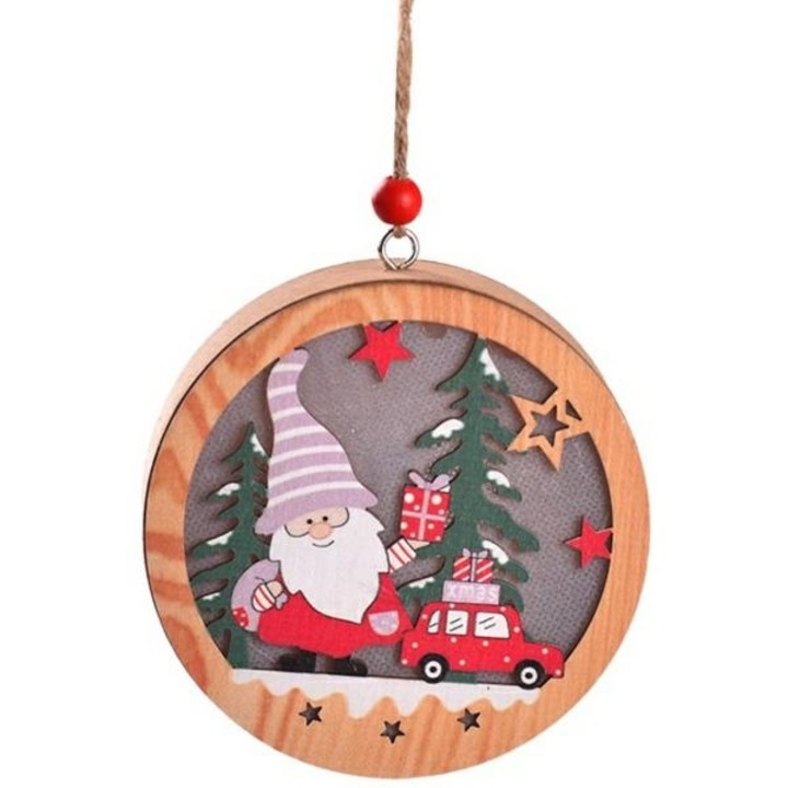 Karácsonyi lámpa, gnóm és autó, fa, kerek forma, grafika