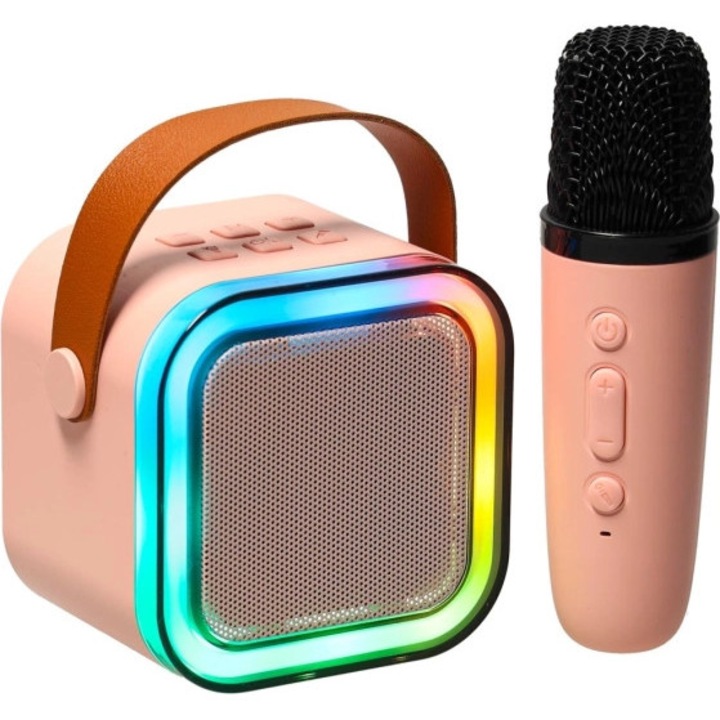 Hordozható Karaoke Rendszer Vezeték Nélküli Mikrofonnal, Színes Bluetooth Hangszóróval, LED Fényekkel, MP3 Funkcióval, USB/TF, Ideális Partikhoz, Rózsaszín