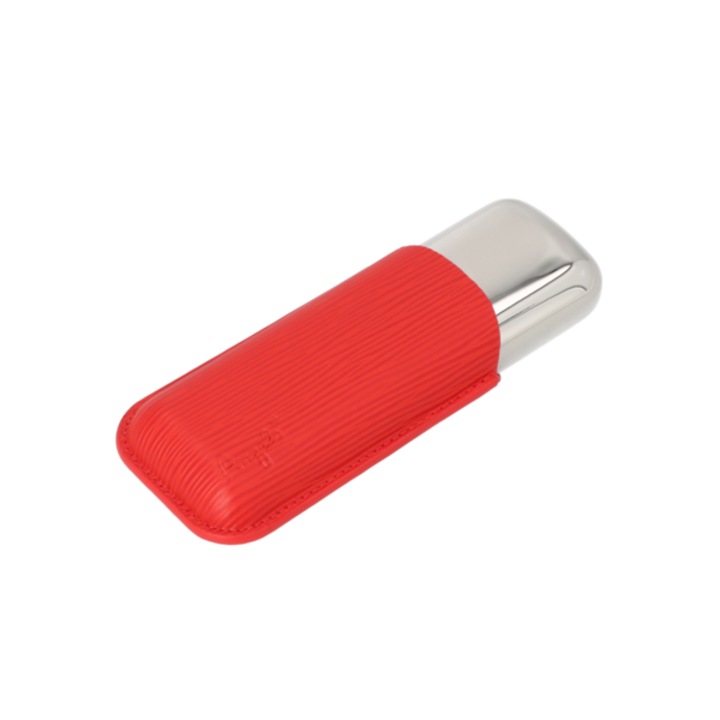 Tabachera Angelo, husa pentru 2 trabucuri, piele rosie, metal antracit, 15cm