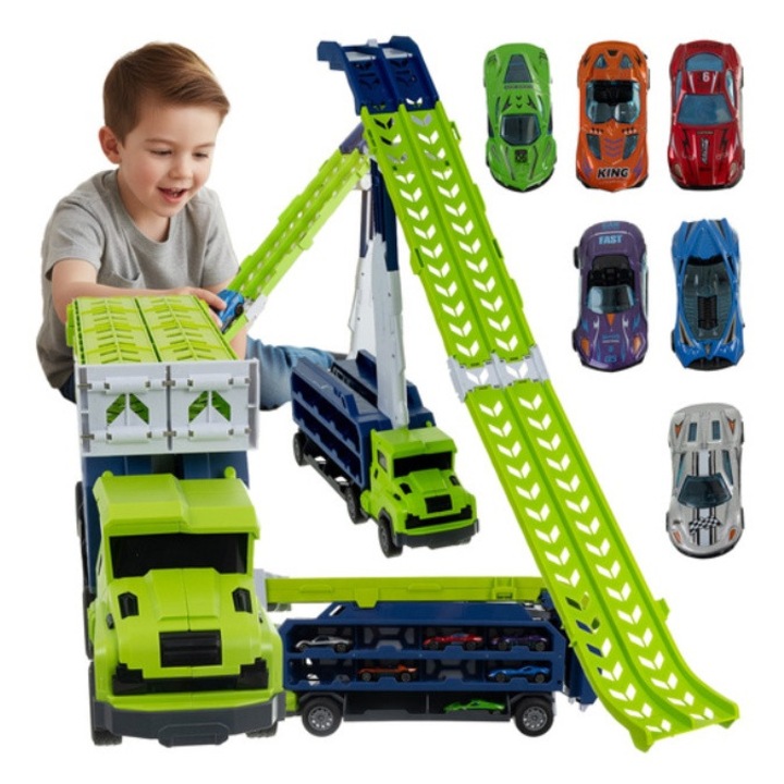 Комплект за игра камион трейлър с писта за колички KESNUP, 6 метални колички, включва цветни стикери, безопасни материали, размер на пистата 90.5 x 57 x 10 см, Син / Зелен