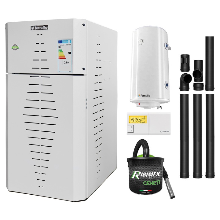 Pachet centrala pe peleti Fornello INCANTO COMPACT 35 kW, pompa electronica, vas expansiune, arzator inox, grup de siguranta, kit evacuare, termostat Salus 091FLRFV2, aspiratior, boiler 100L, sistem de curatare MECANICA a creuzetului si drumurilor de