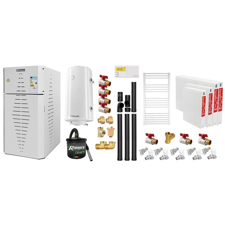Pachet centrala pe peleti Fornello INCANTO COMPACT 35 kW, pompa electronica, vas expansiune, arzator inox, grup de siguranta, kit evacuare 3.5 ml, termostat, aspiratior, boiler 100L, Radiatoare otel si Fitinguri montaj
