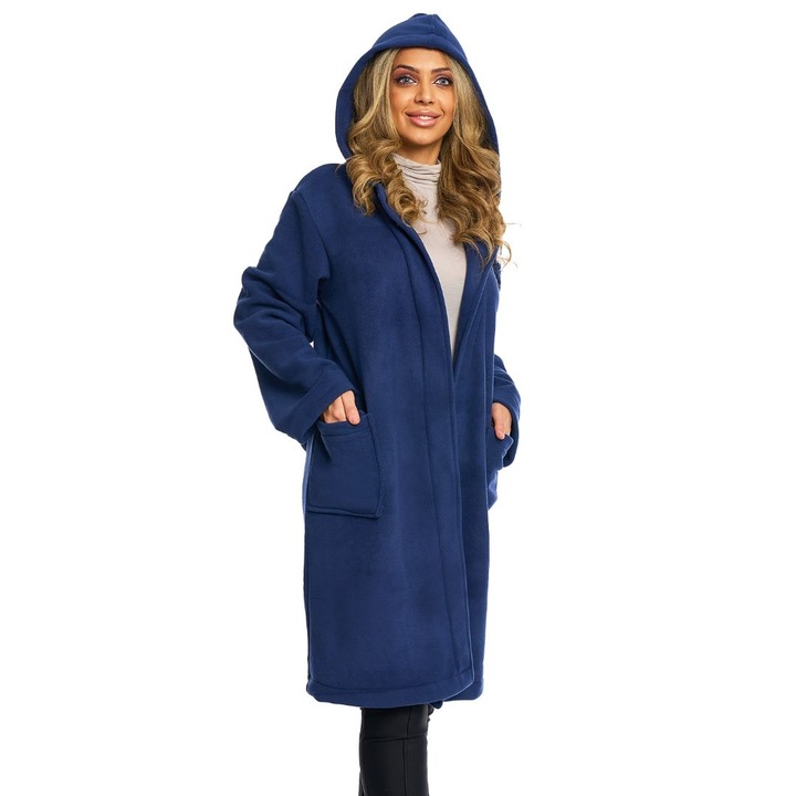 Halat polar cu gluga bleumarin, XL-50, cu maneci lungi, fleece-270N, 100% polyester, calitate superioara, antipilling, cordon, buzunare spatioase, usor, super confortabil