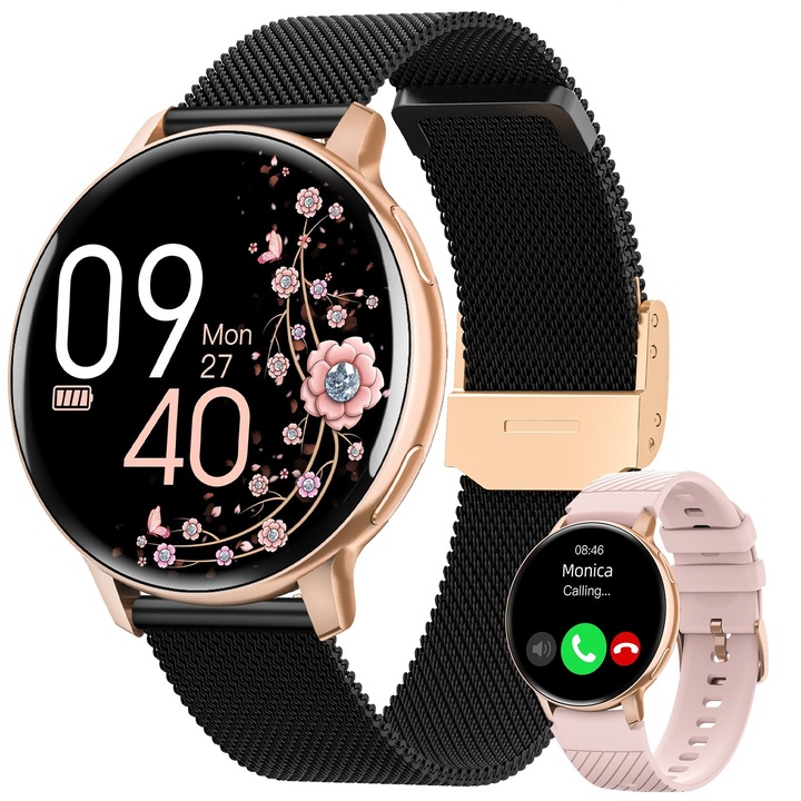 Ceas Smartwatch Dama Bratara Fitness FOSMET, doua bratari incluse, ecran HD de 1, 39 inch, monitor de ritm cardiac/tensiometru/SpO2/somn, Bluetooth 5.3 pentru apeluri, 120+ de moduri de sport, autonomie de 10 zile, negru-auriu