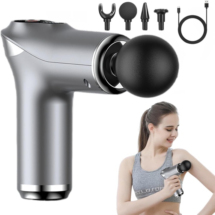 Pistoly professzionális masszázs VETALUX, 5 intenzitási fokozat, 4 cserélhető masszázsfej, 55 ütés/mp, 10 mm mélység, csendes motor, hosszú akkumulátor-üzemidő, USB Type-C töltés