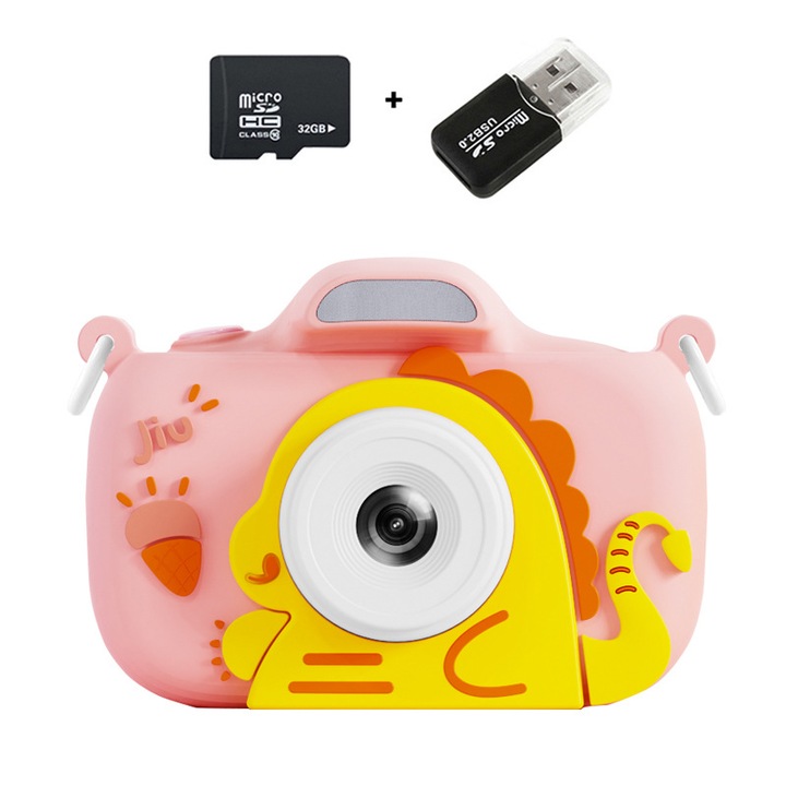 Cameră foto digitală pentru copii, ORBER, ecran HD 2.4 inch, dublă cameră, roz, set cu card 32GB