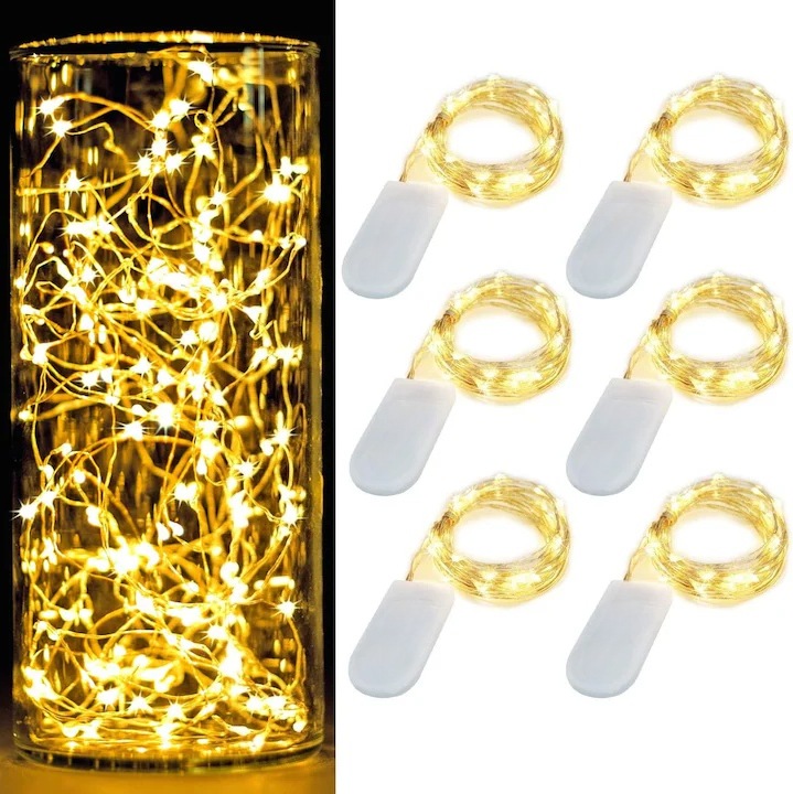 Set 6 instalatii LED cu baterii, Instalatie Craciun, Liniara, 2m, 20 LED-uri, fir argintiu flexibil, impermeabile, Interior/Exterior, Alb Cald