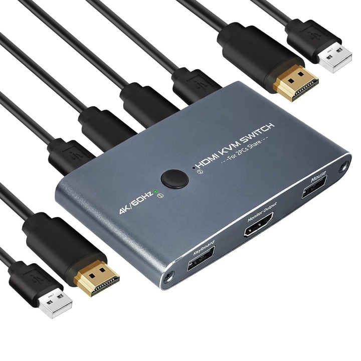 KVM HDMI kapcsoló 2 portos 4K 60Hz, alumínium, HDMI/USB kábelkészlet