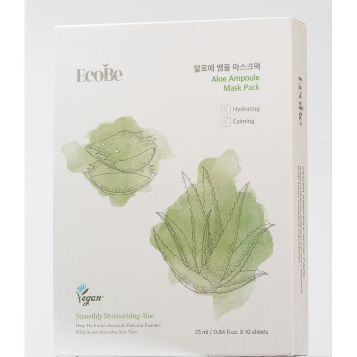 Masca de față, EcoBe, set 10 bucăți, Aloe Vera, hidratare intensă, pentru ten uscat