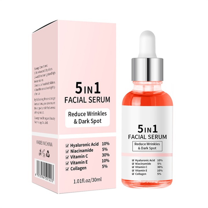 Ser anti-rid 5 in 1, contine acid hialuronic, colagen, nicotinamida, vitamina C si vitamina E, hidrateaza, tensioneaza, estompeaza petele intunecate, potrivit pentru toate tipurile de piele, 30ml