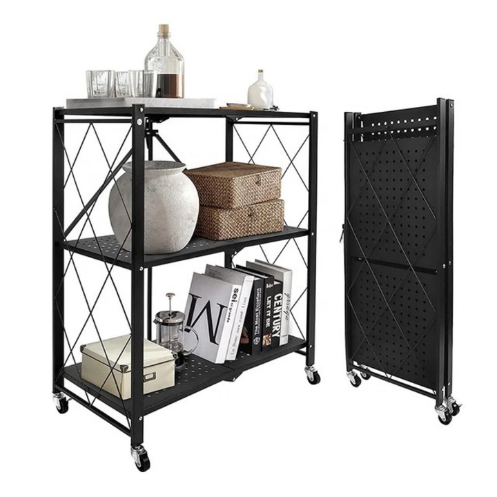 Polc konyhába, hálószobába, fürdőszobába vagy nappaliba, Seezesol Solution™, univerzális tárolási modell, fém, kerekekkel, 3 polc, csavarmentes összeszerelés, patentgombbal, összecsukható, fekete, 72 x 38 x 86 cm