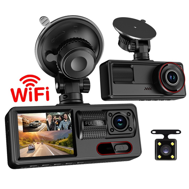 Camera auto DVR 3 lentile, inregistrare HD noapte, duala fata si spate, WiFi, 2 inch