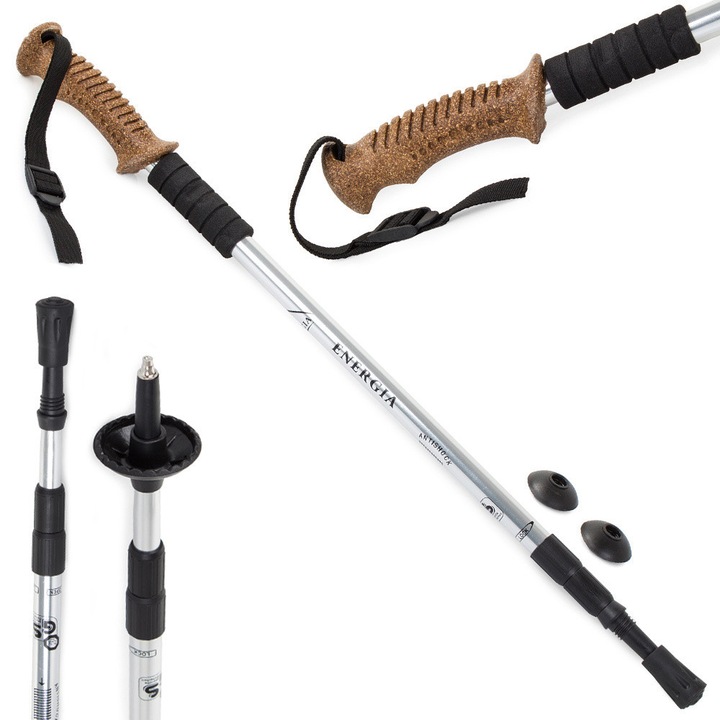 Bețe de nordic walking cu tălpi interschimbabile, 2 bucăți, mâner din plută, negru/argintiu