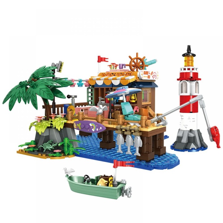 Set constructie Woma Go Fishing, 603 piese, barca de pescuit, multicolor, 31x23x7cm