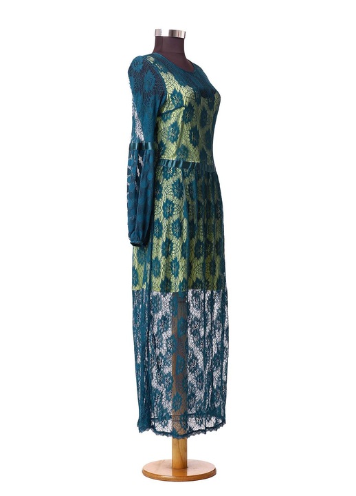 Rochie maxi din dantela fina, albastru vernil cu captuseala lime, eleganta pentru ocazii speciale Marime M