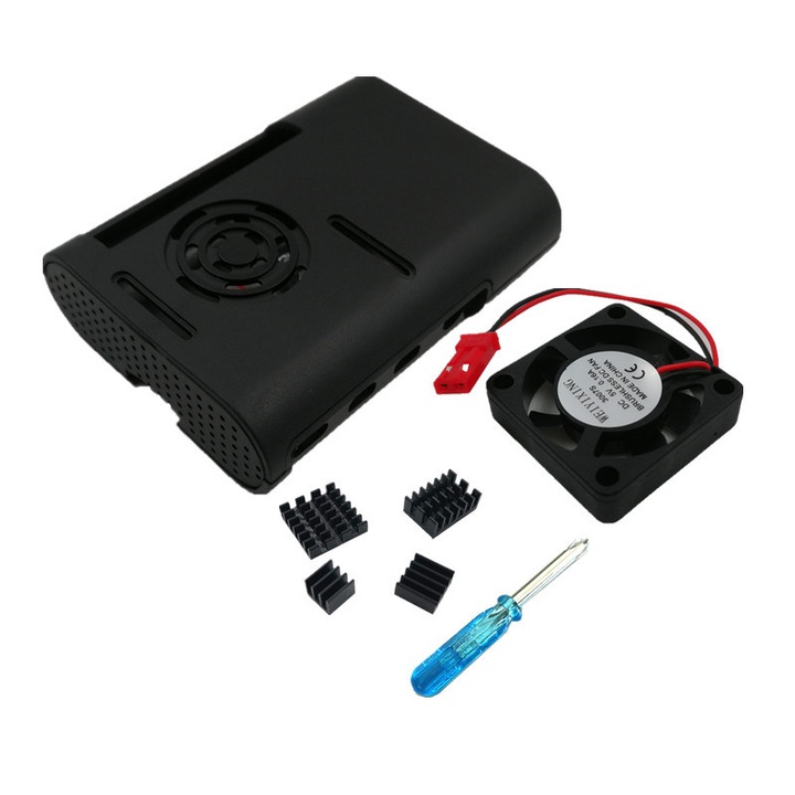 Кутия за Raspberry Pi 4, с активна охладителна система - вентилатор за процесор и алуминиев радиатор, съвместима с официалния корпус на Pi 4, черна, лесна за инсталиране
