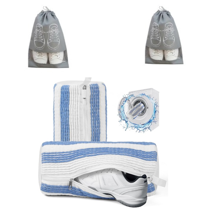 Kit 2 Saci pentru Spalarea Incaltamintei, Inchidere Sigura, Reutilizabili, QUANDES®, 2 Huse pentru protectie incaltaminte, albastru/crem