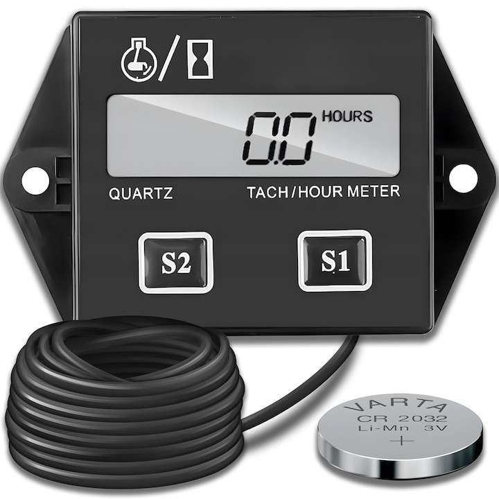 Óraszámláló motorokhoz, digitális fordulatszámmérő, IP65, beépített akkumulátor, idő- és fordulatszám-figyelés, fekete