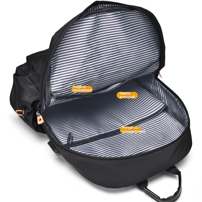 Rucsac, Rucsac laptop, compatibil cu laptop 15.6" si tableta 11", 20L, full impermeabil, cu port de incarcare USB, Potrivit pentru barbati si femei, pentru calatorie, scoala sau serviciu, Negru