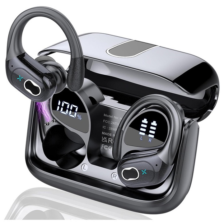 Casti wireless bluetooth ZYNORO® Audio, Bluetooth 5.4, sunet stereo, bas profund, design cu carlig pentru ureche, microfon ENC cu anulare a zgomotului, rezistenta la apa IPX7Microfon HD，negru