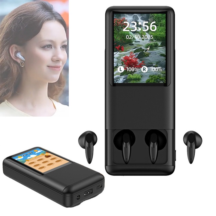 Безжични Bluetooth слушалки ZYNORO®, 3 в 1 (Bluetooth слушалки/мултимедия/външна батерия), 2,8-инчов тъчскрийн, In-ear, Bluetooth 5.4, HD микрофон, Тъч контрол, Водоустойчиви, Спортни, Универсални, въгленово черно