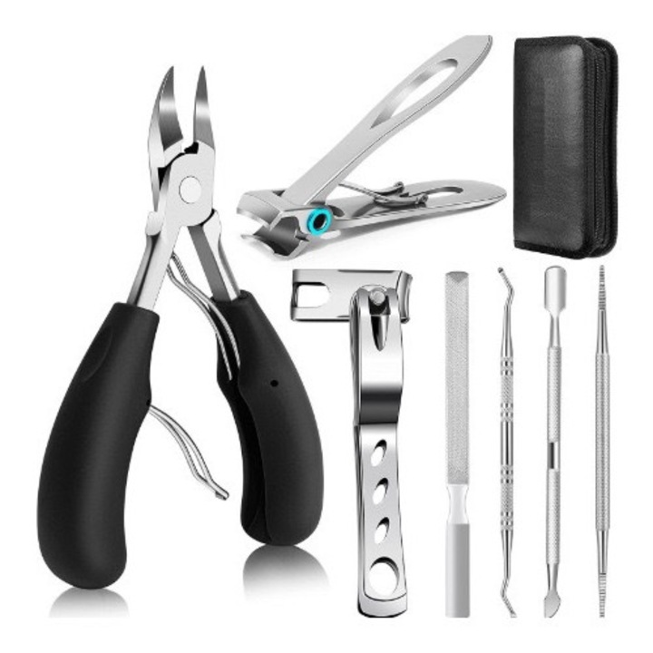 Set truse manichiura si pedichiura, 7 piese, clesti unghii din otel inoxidabil, pentru unghii groase, design ergonomic