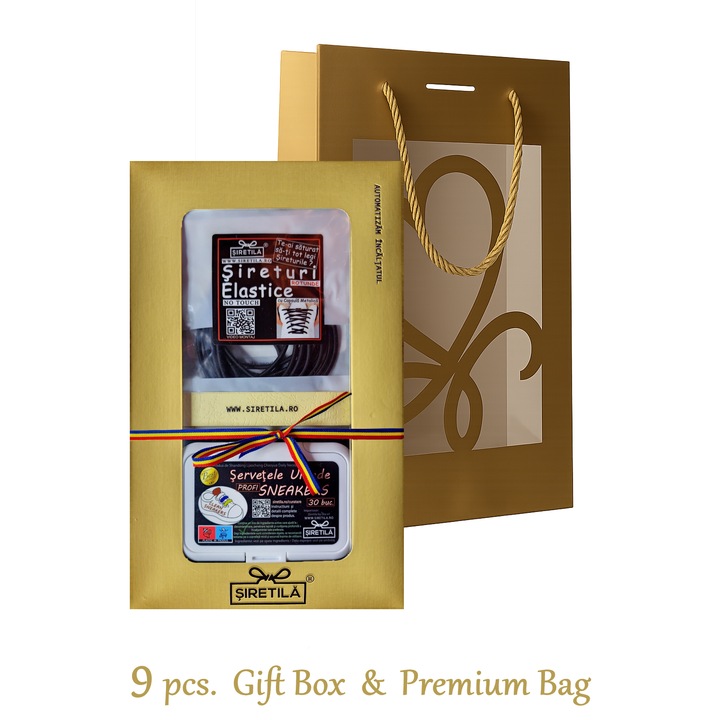Set Cadou auriu 9 piese Siretila® – 2 x Sireturi elastice, Capsule aurii, Sireturi silicon, Servetele incaltaminte, 2 x Bureti curatare, Breloc cu jeton, Cablu incarcare 3 in 1, Ambalaj premium, Punga cadou