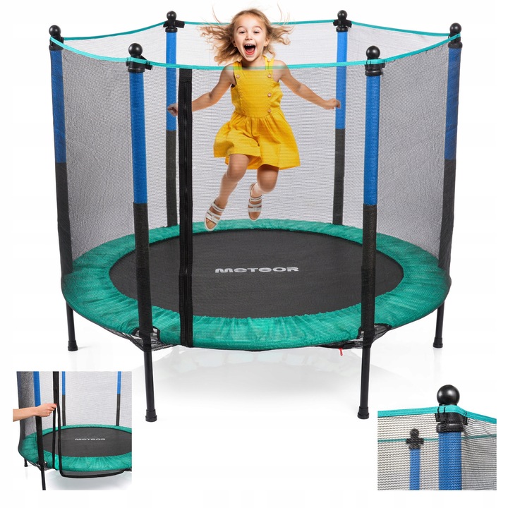 Meteor gyerek trambulin, Trp-50, Maximális Teherbírás 50 Kg, Anyag Horganyzott Acél, Külső Háló 'L', CE (EN 71) Szerint, Átmérő 140xMagasság 117xMagasság A Talajtól 30 cm, Kék-Menta
