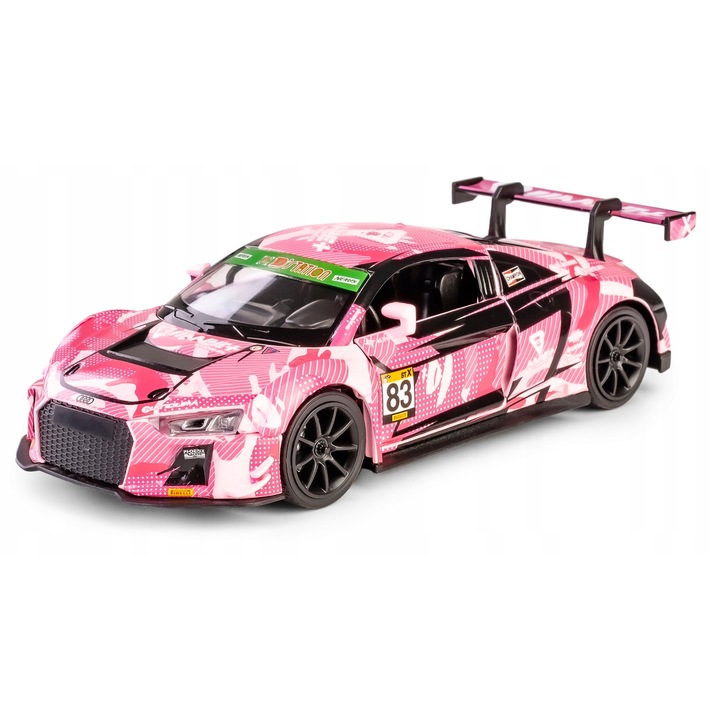 Fém játékautó Audi R8 LMS GT3, rózsaszín, 1:32, nyitható ajtókkal és motorháztetővel, fényekkel és hangokkal