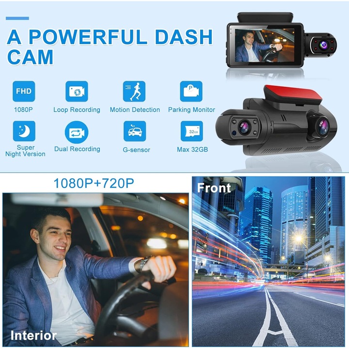 Camera auto DVR duala 1080P cu camera frontala si spate, inregistrare continua, modul parcare, neagra