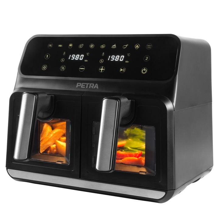 Petra Dual Air Pro 7, 4 L – Friteuza cu aer, 2 sertare independente, 2400 W, 6 programe, Touch LED