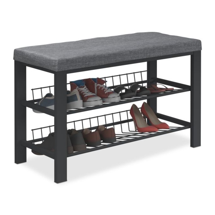 Banca/Pantofar Relaxdays, 82 x 33 x 50.5 cm, din metal, sezut tapitat din poliester, 2 rafturi depozitare incaltaminte, Negru