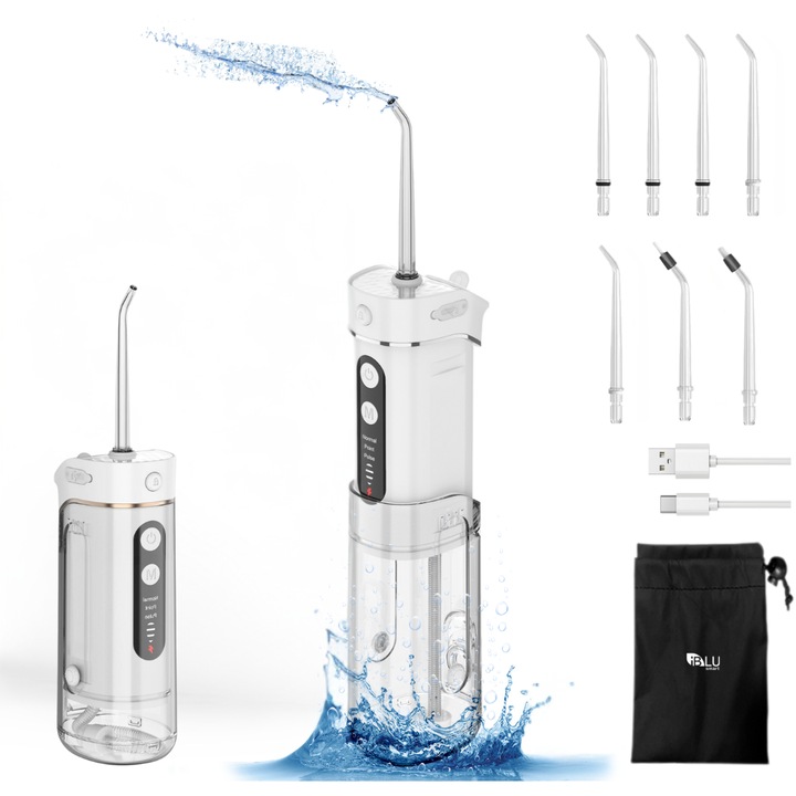 Мини Професионален Орален Иригатор iBLU Smart, Прибиращ се Резервоар 180мл, Подвижен, Gravity Ball, 5 Програми, 1400-1800 Пулсации/мин, 7 Дюзи с Въртене на 360°, Пълна Дентална Хигиена У Дома и При Пътуване, IPX7, Батерия 1100 mAh, USB-C, Бял