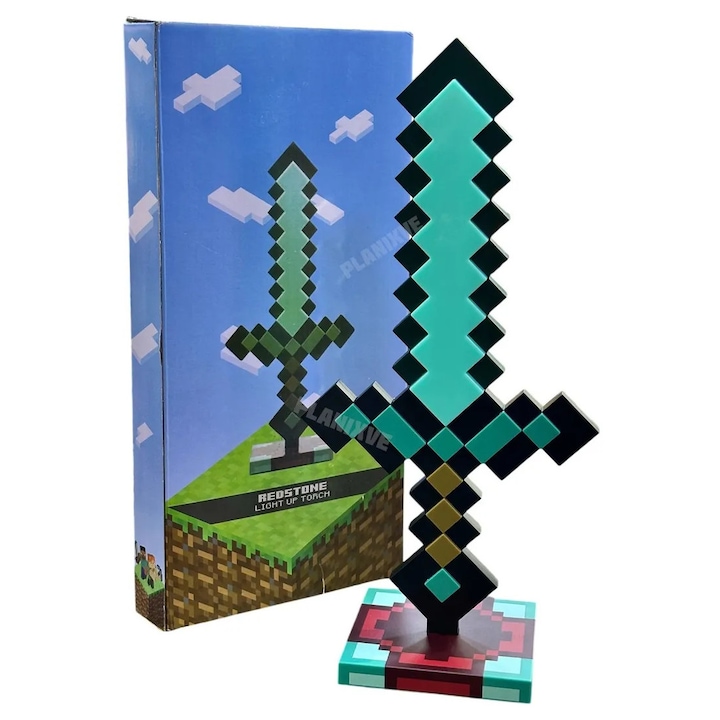 Lampa de veghe LED Minecraft Redstone, design 2-in-1 Torta & Sabie, lumina ambientala, pentru birou/noptiera, 25-30 cm, culori vii