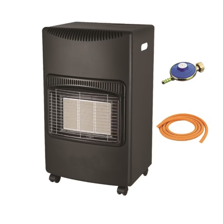 Soba pe gaz, 4200 W, demontabil, aprindere piezo, ods, protectie rasturnare, cu furtun si accesorii, negru