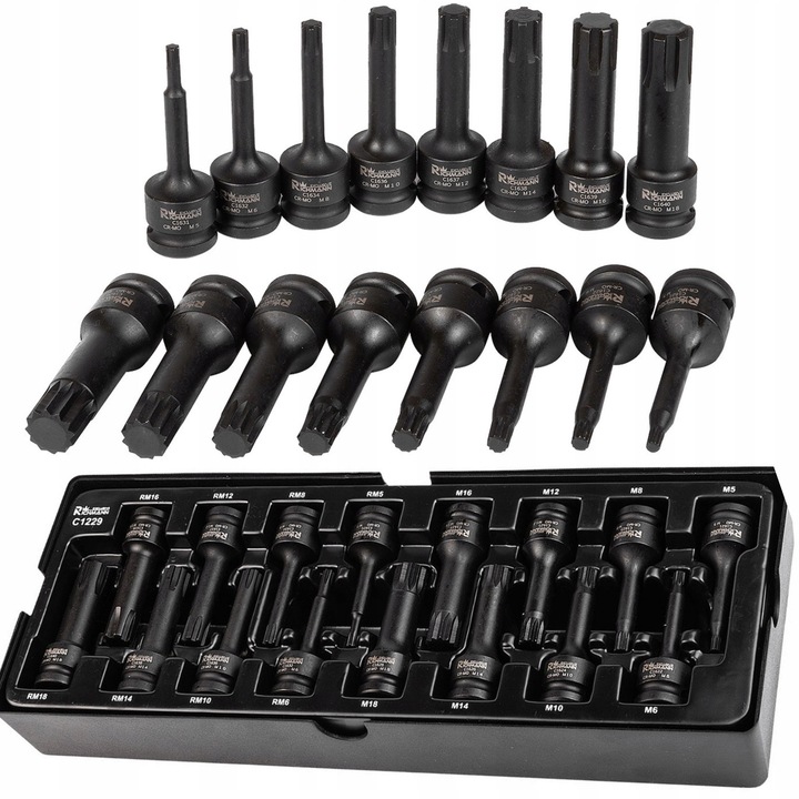 Set 16 capete tubulare impact RICHMANN M5-M18, 1/2", Cr-Mo, 78mm, organizare plastic