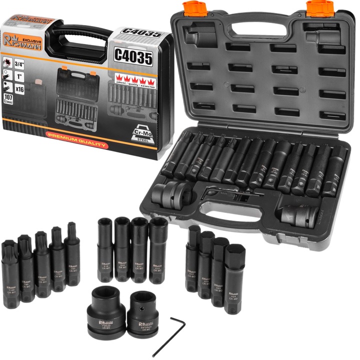 Set chei tubulare impact TORX și IMBUS RICHMANN, 16 buc, prindere 1" și 3/4", cutie organizare